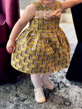Hucklebones London Baby Girls Gold Bee Floral Jacquard Dress with Pink Bow